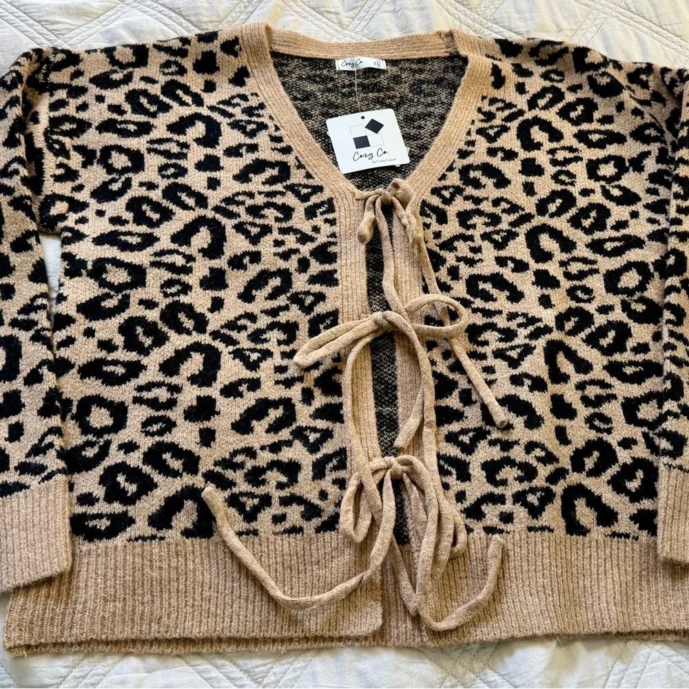 Cozy Co Casual Lace Up Leopard Print Cardigan - Picture 4 of 9